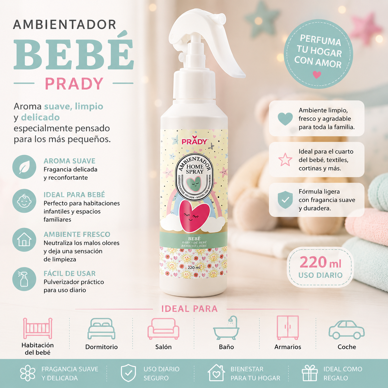 Ambientador Bebé Prady Home Spray 220 ml con aroma suave, limpio y delicado para perfumar habitaciones infantiles y el hogar.