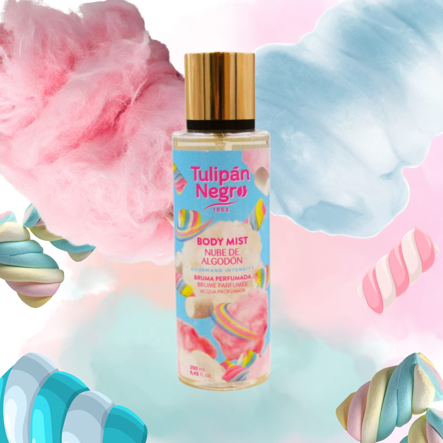 Body Mist Nube de Algodón Tulipán Negro 250 ml, bruma corporal perfumada con aroma dulce inspirado en el algodón de azúcar, presentada sobre un fondo de nubes de azúcar, marshmallows y golosinas de colores.