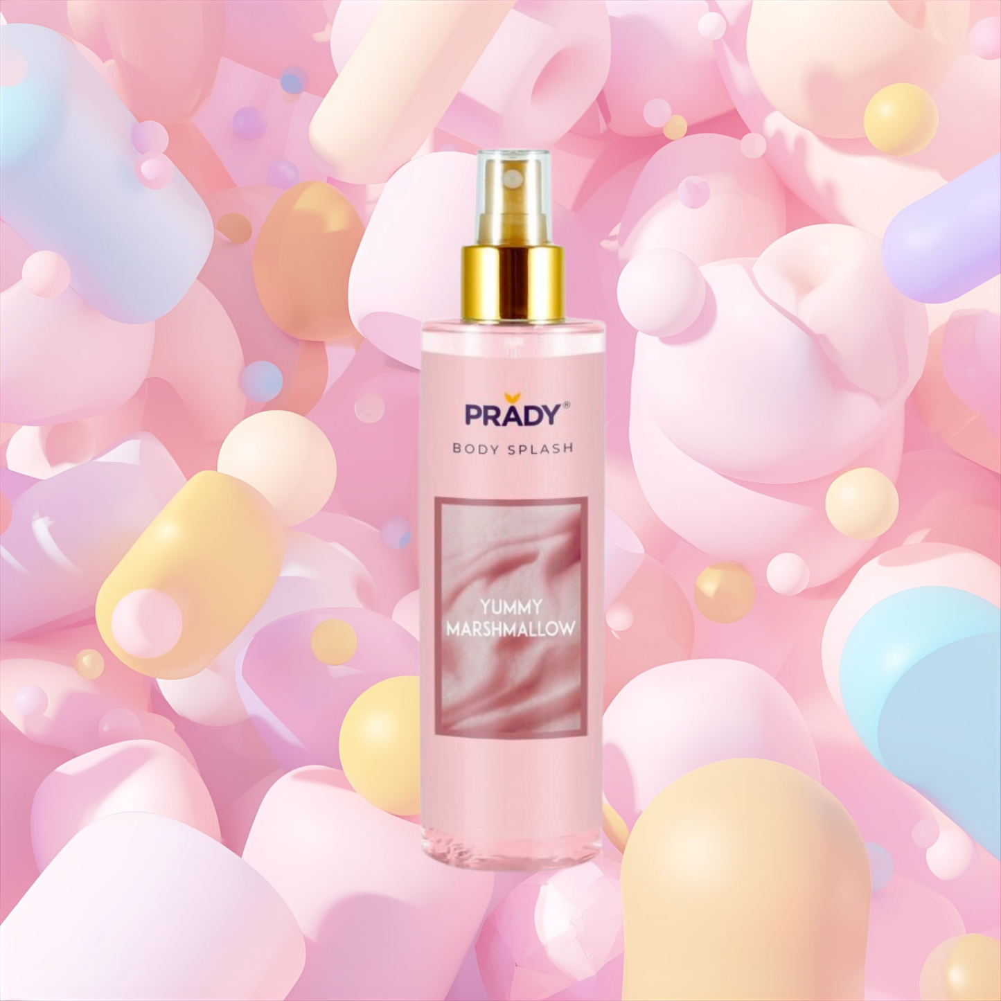 Body Splash Yummy Marshmallow Prady 250 ml, bruma corporal perfumada con aroma dulce a marshmallow, presentada sobre un fondo de nubes de azúcar y formas pastel que evocan una fragancia gourmand y refrescante.