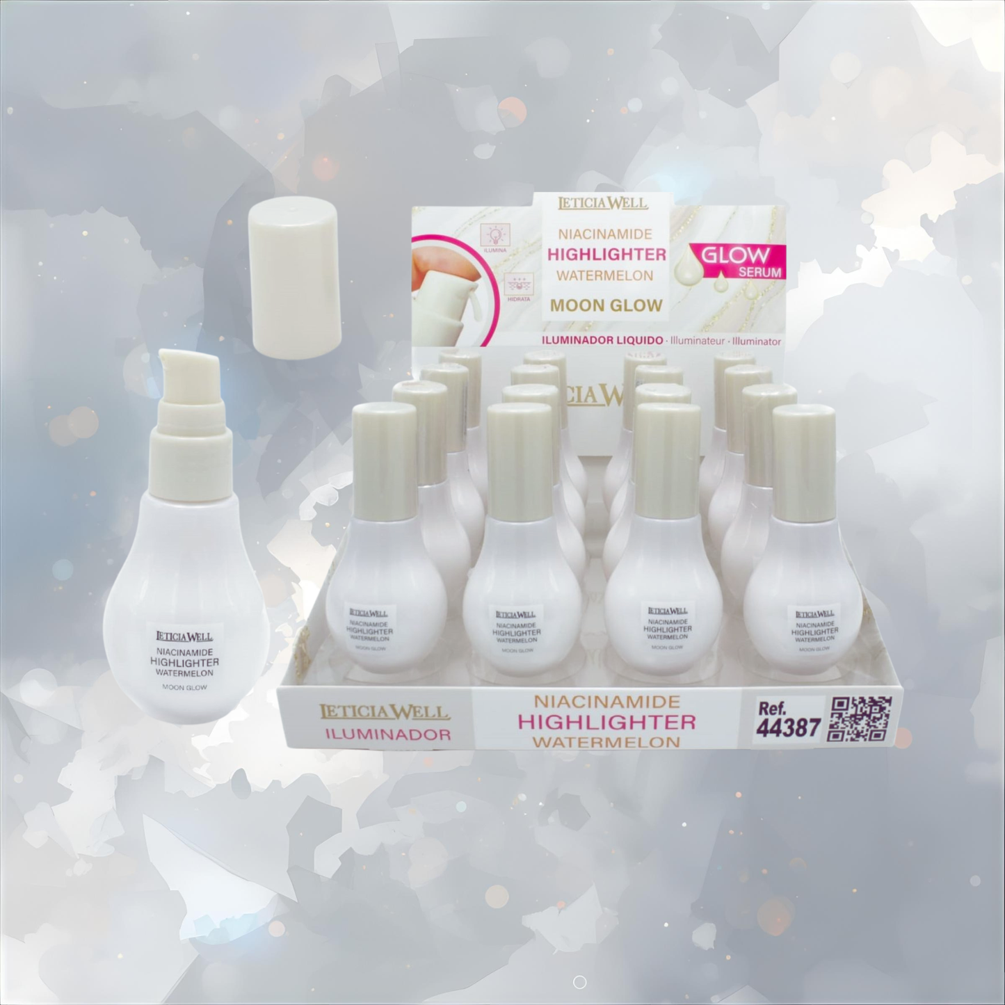 Iluminador Glow con Niacinamida Leticia Well Moon Glow Watermelon en formato líquido con dosificador, ideal para aportar luminosidad natural al rostro y conseguir un acabado radiante.