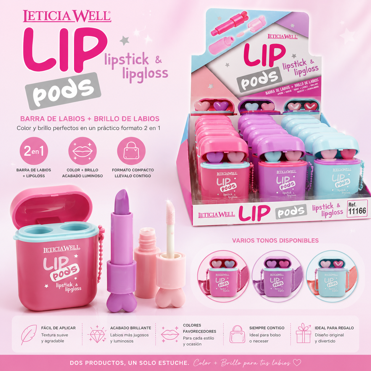 Lip Pods Leticia Well barra de labios y lipgloss 2 en 1 con diseño compacto.