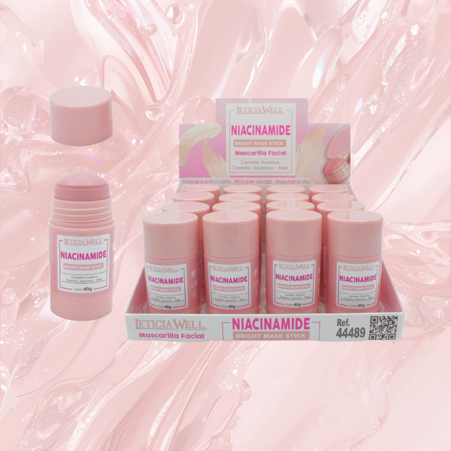 Mascarilla Facial en Stick con Niacinamida Leticia Well de 40 g, enriquecida con Centella Asiática, Camelia Japónica y Aloe Vera para ayudar a hidratar y mejorar la luminosidad de la piel.