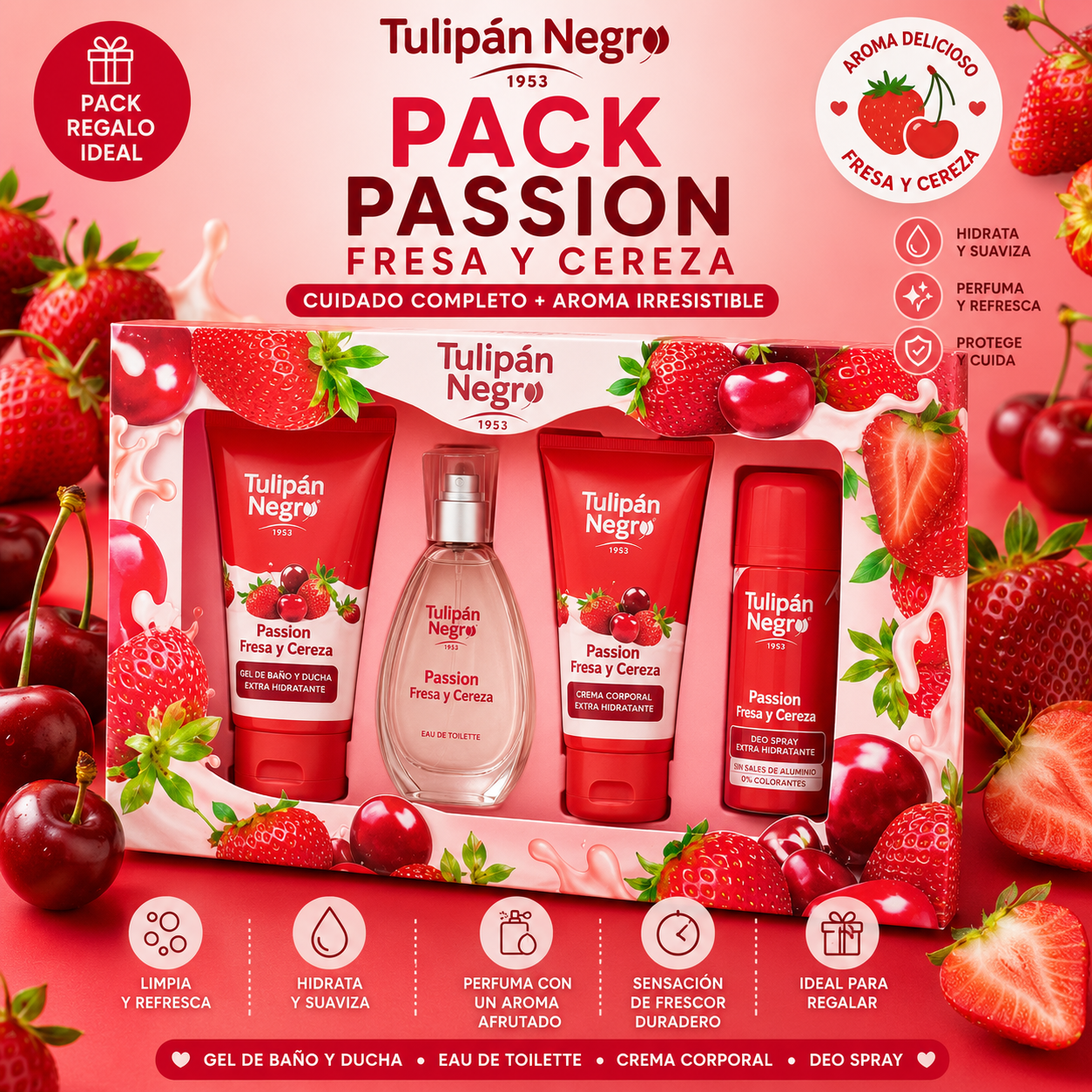 Pack Passion Fresa y Cereza Tulipán Negro con gel de baño, crema corporal, eau de toilette y desodorante spray con aroma afrutado.
