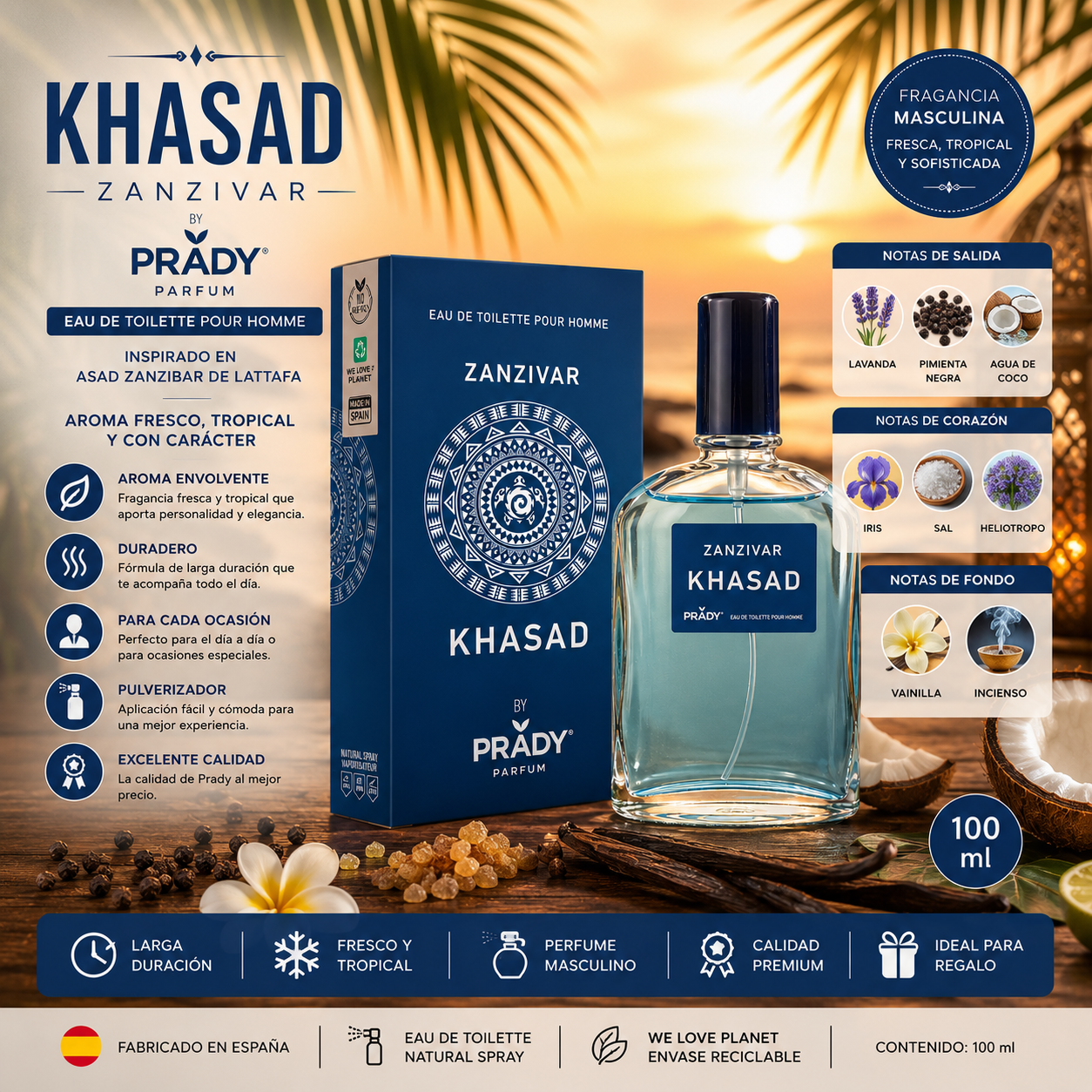 Perfume Khasad Zanzivar Prady Eau de Toilette Hombre 100 ml inspirado en Asad Zanzibar de Lattafa