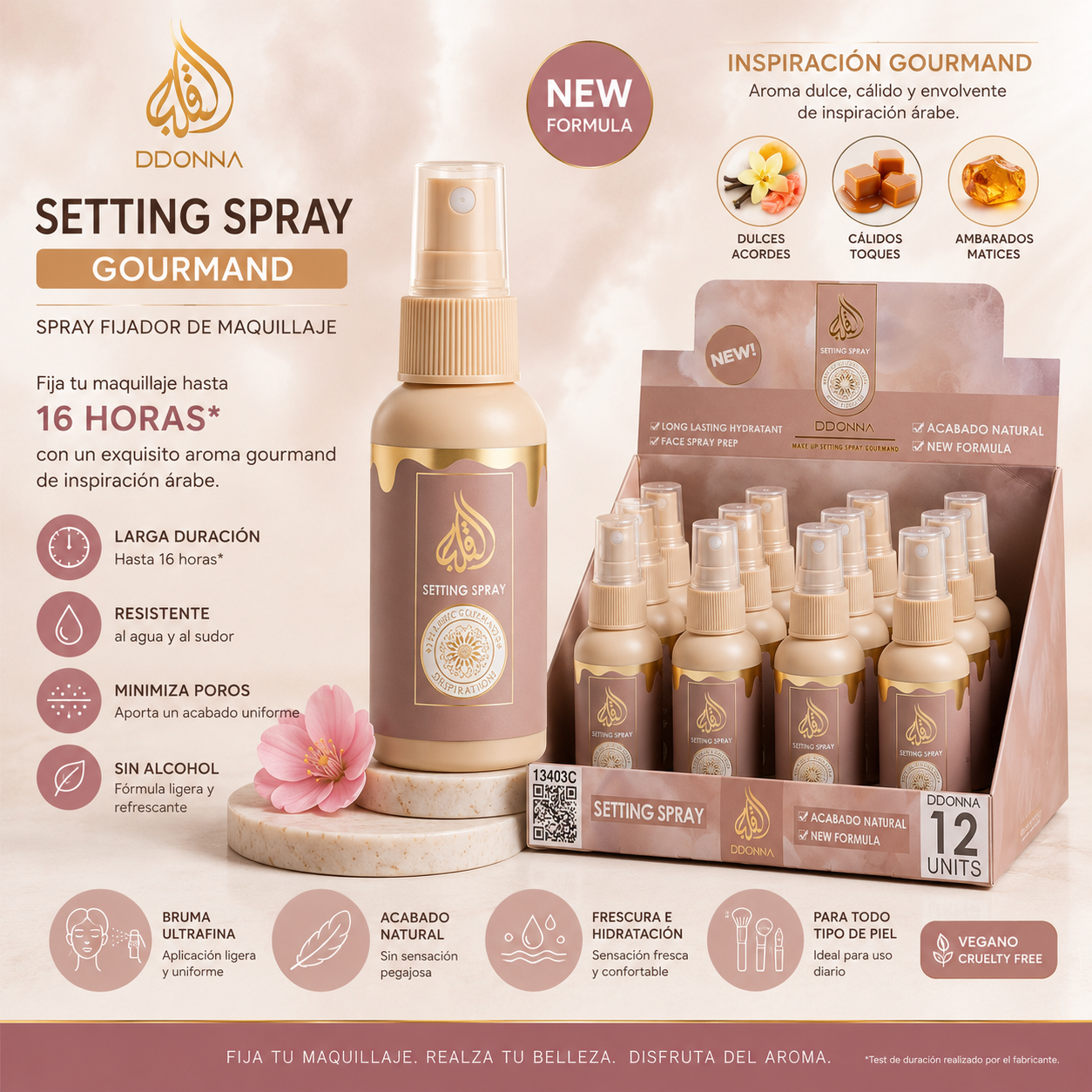 Spray Fijador de Maquillaje Gourmand D'Donna 60 ml con aroma gourmand y acabado natural.