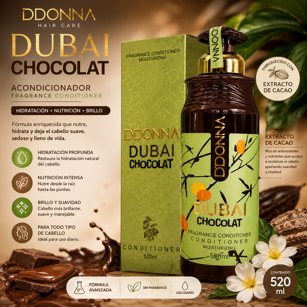 Acondicionador Dubai Chocolate D'Donna 520 ml con queratina para reparar, nutrir y aportar suavidad al cabello.