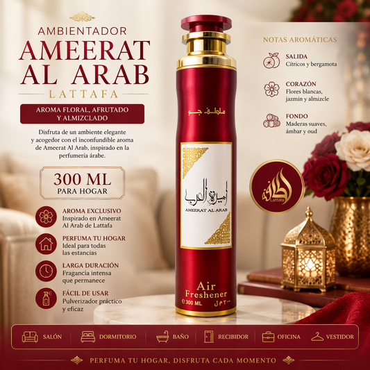 Ambientador Ameerat Al Arab Lattafa Air Freshener 300 ml con aroma floral, afrutado y almizclado para perfumar el hogar con una fragancia elegante y duradera.