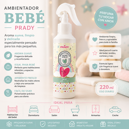 Ambientador Bebé Prady Home Spray 220 ml con aroma suave, limpio y delicado para perfumar habitaciones infantiles y el hogar.