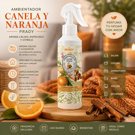 Ambientador Canela y Naranja Prady Home Spray 220 ml con aroma cálido, especiado y cítrico para perfumar cualquier estancia del hogar.