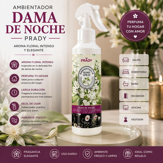 Ambientador Dama de Noche Prady Home Spray 220 ml con aroma floral intenso y elegante para perfumar cualquier estancia del hogar.