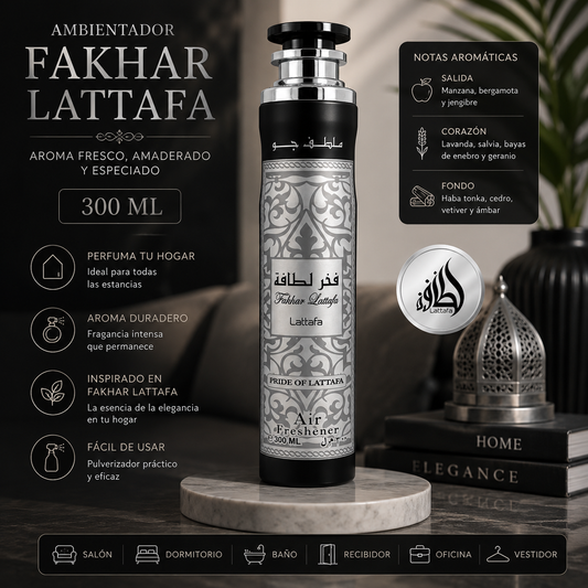 Ambientador Fakhar Lattafa Air Freshener 300 ml en spray con aroma fresco, amaderado y especiado para perfumar el hogar con una fragancia elegante y duradera.