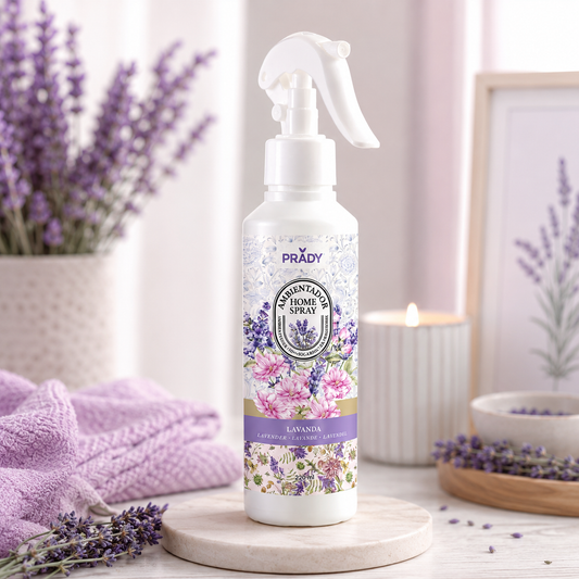 Ambientador Lavanda Prady 220 ml sobre una mesa con flores de lavanda en un ambiente relajante