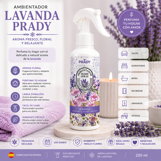 Ambientador Lavanda Prady Home Spray 220 ml con aroma floral relajante para el hogar