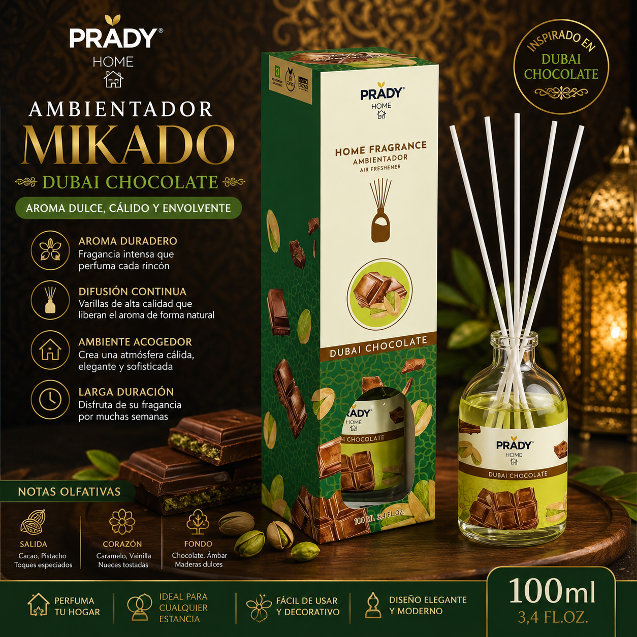 Ambientador Mikado Dubai Chocolate Prady 100 ml con difusor de varillas aromático para el hogar
