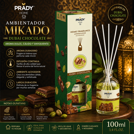 Ambientador Mikado Dubai Chocolate Prady 100 ml con difusor de varillas aromático para el hogar