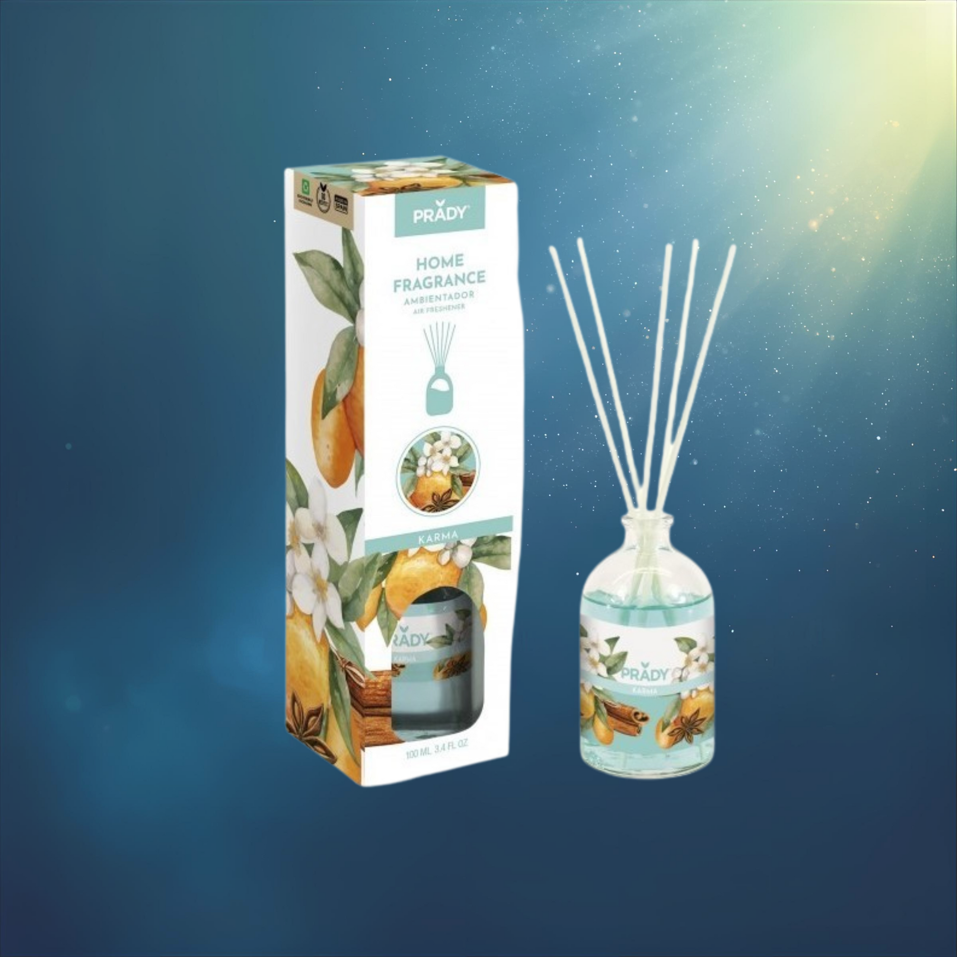 Ambientador Mikado Karma 100 ml de Prady Home Fragrance con frasco de cristal, varillas difusoras y caja decorativa para perfumar el hogar con una fragancia cálida y duradera.