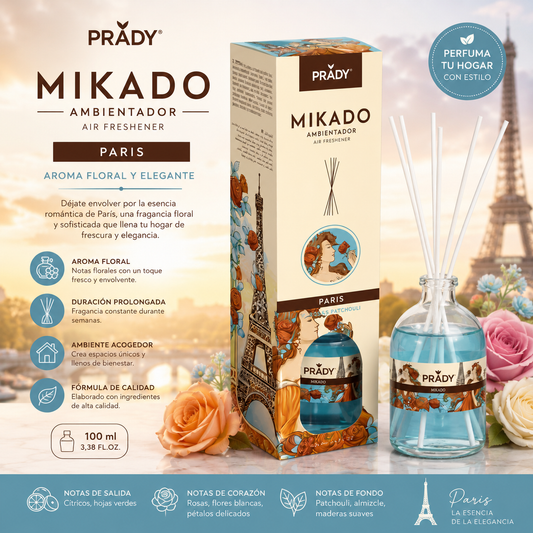 Ambientador Mikado Paris Prady 100 ml con varillas difusoras para el hogar