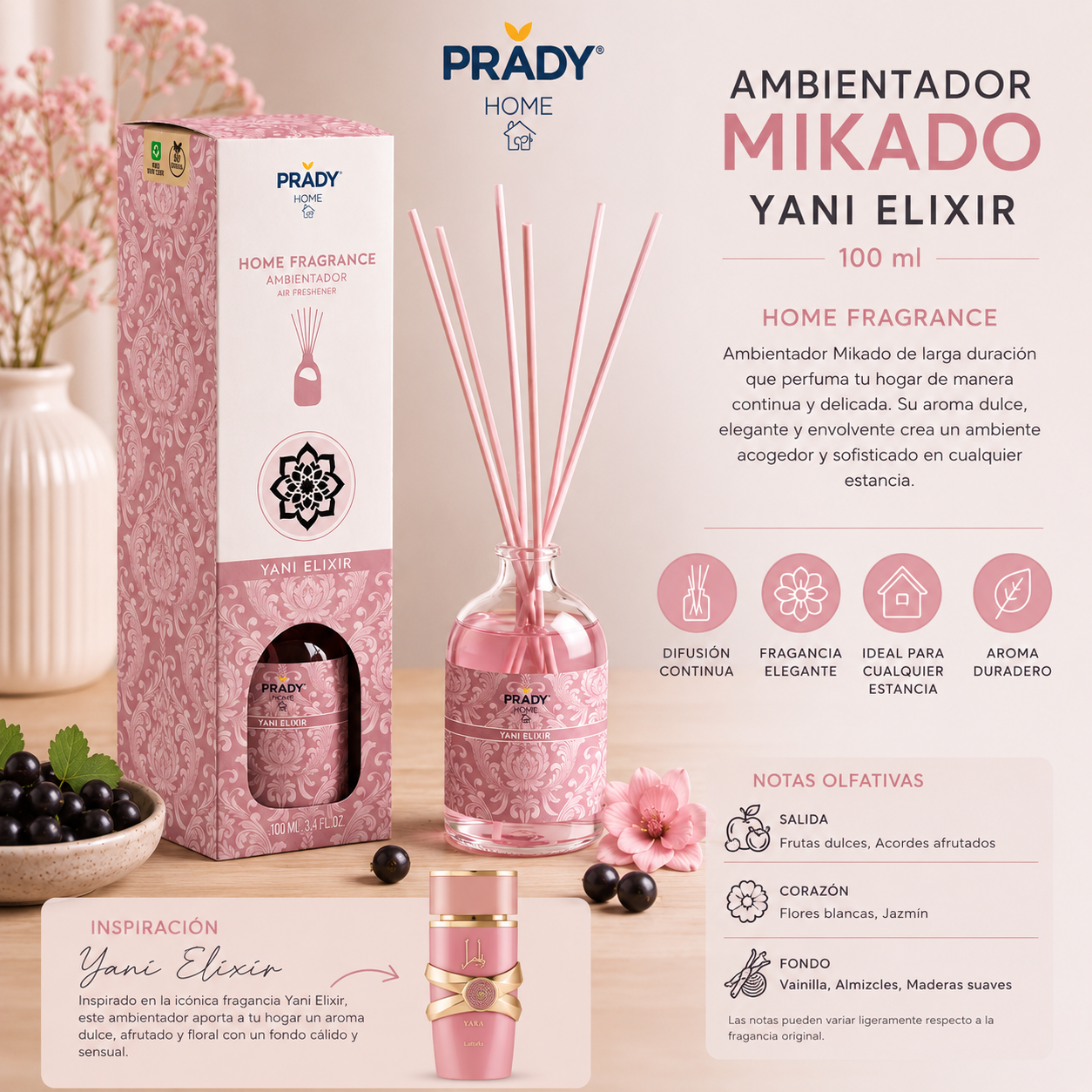 Ambientador Mikado Yani Elixir Prady Home 100 ml con varillas difusoras para el hogar.