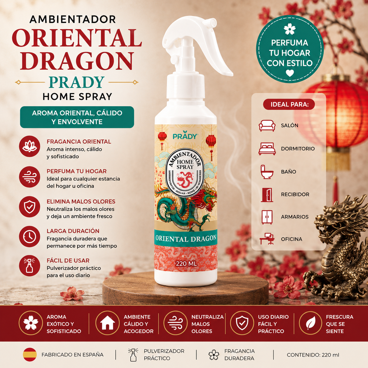 Ambientador Oriental Dragon Prady Home Spray 220 ml con fragancia oriental intensa para perfumar el hogar