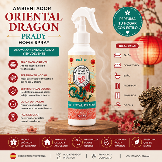 Ambientador Oriental Dragon Prady Home Spray 220 ml con fragancia oriental intensa para perfumar el hogar