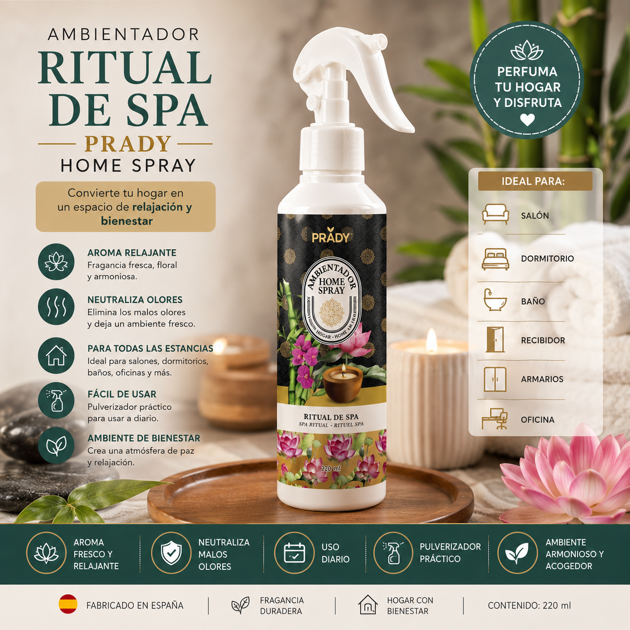 Ambientador Ritual de Spa Prady 220 ml con aroma relajante para el hogar.