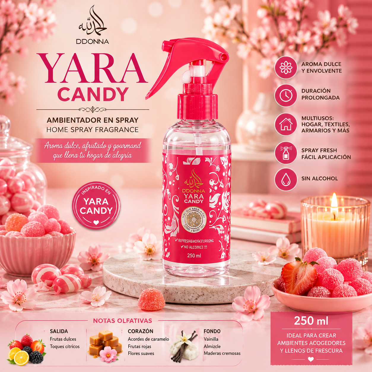 Ambientador Spray Yara Candy D'Donna 250 ml con pulverizador y aroma dulce para hogar y textiles