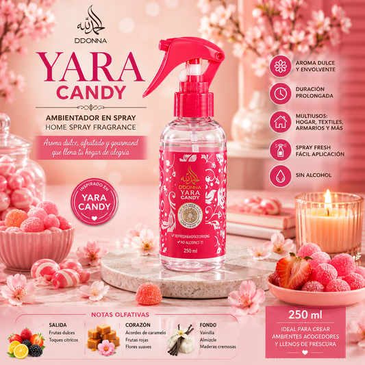 Ambientador Spray Yara Candy D'Donna 250 ml con pulverizador y aroma dulce para hogar y textiles
