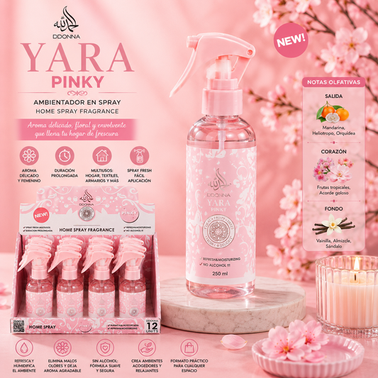 Ambientador Spray Yara Pinky D'Donna 250 ml con fragancia floral dulce de larga duración para hogar y textiles