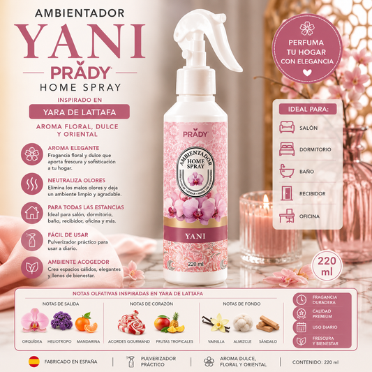 Ambientador Yani Prady Home Spray 220 ml inspirado en Yara de Lattafa