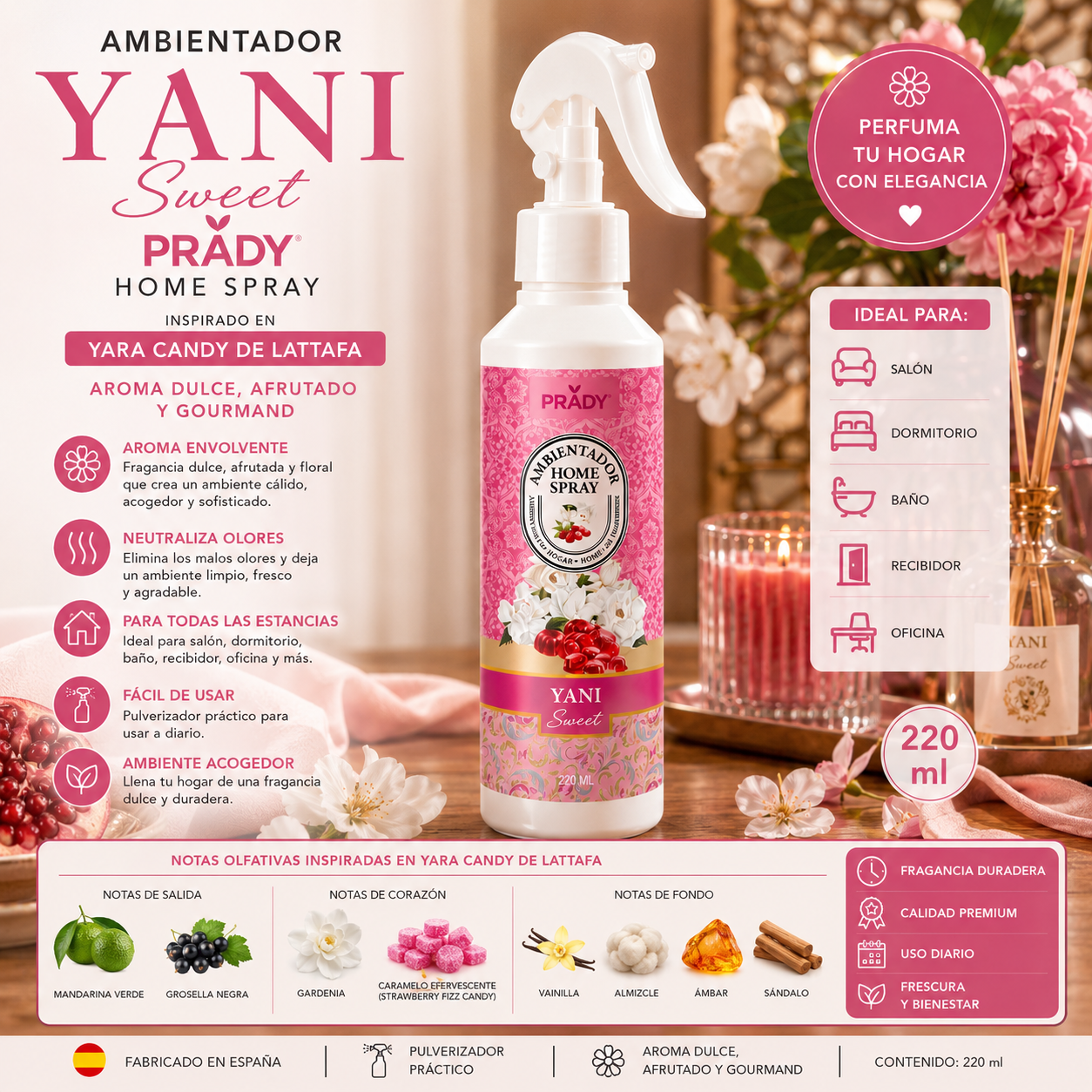 Ambientador Yani Sweet Prady Home Spray 220 ml inspirado en Yara Candy de Lattafa
