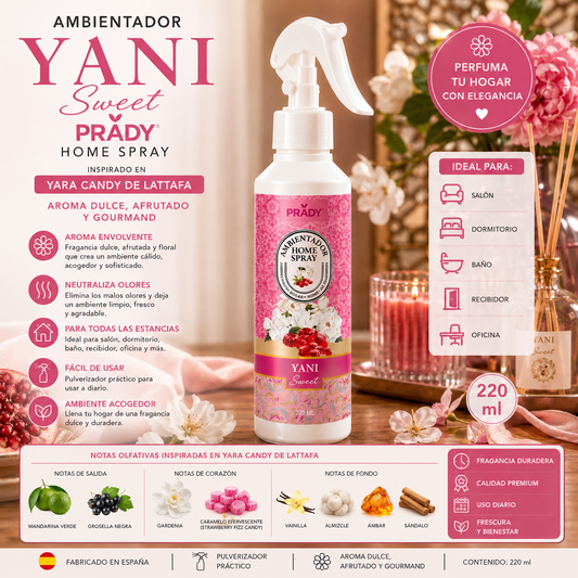 Ambientador Yani Sweet Prady Home Spray 220 ml inspirado en Yara Candy de Lattafa