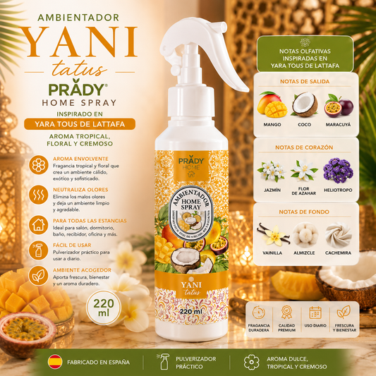Ambientador Yani Tatus Prady Home Spray 220 ml inspirado en Yara Tous de Lattafa