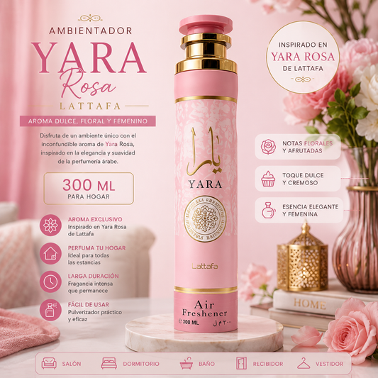 Ambientador Yara Rosa Lattafa Air Freshener 300 ml en spray con aroma floral, afrutado y dulce, inspirado en Yara Rosa para perfumar el hogar.
