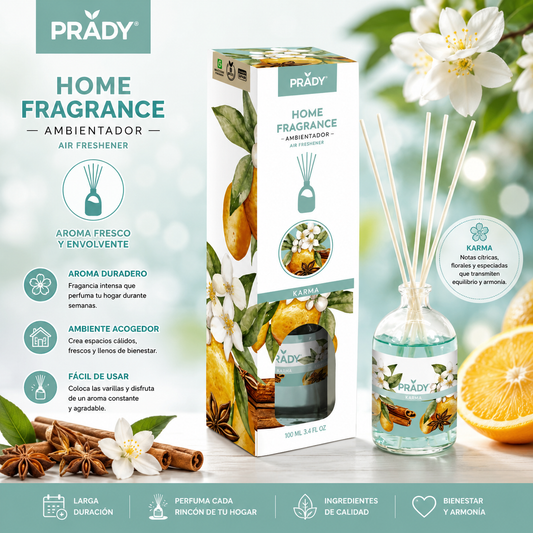 Ambientador mikado Prady Home Fragrance Karma 100 ml con aroma cítrico, floral y especiado para el hogar