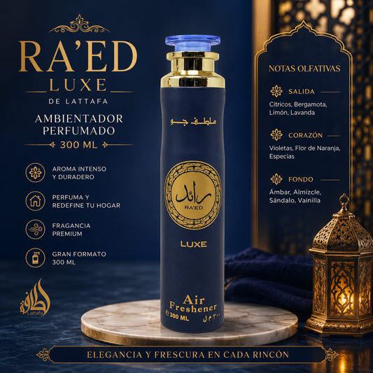 Ambientador perfumado Ra'Ed Luxe de Lattafa 300 ml en spray con aroma árabe premium de larga duración