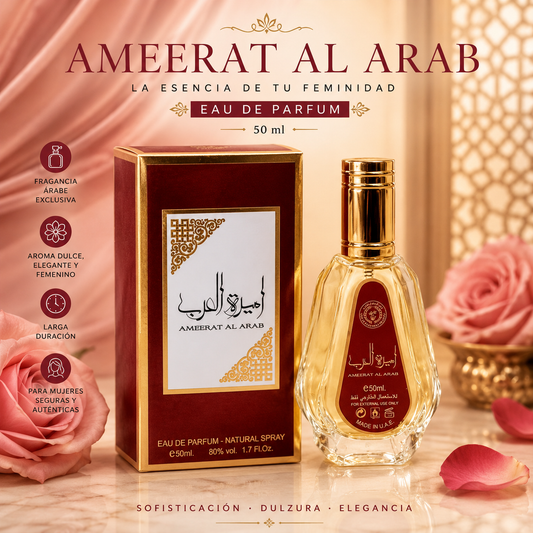 Ameerat Al Arab Eau de Parfum 50 ml Asdaaf, perfume árabe para mujer con caja original y frasco de cristal, ideal para regalo y uso diario.