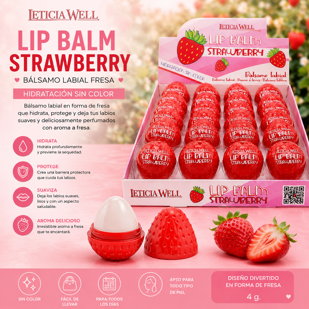 Bálsamo Labial Fresa Strawberry LeticiaWell hidratante sin color con aroma a fresa