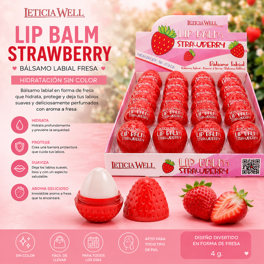 Bálsamo Labial Fresa Strawberry LeticiaWell hidratante sin color con aroma a fresa