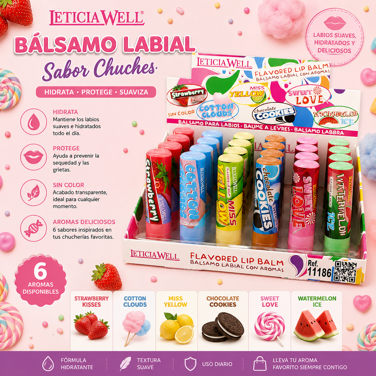 Bálsamo Labial Sabor Chuches Leticia Well hidratante con 6 aromas sin color