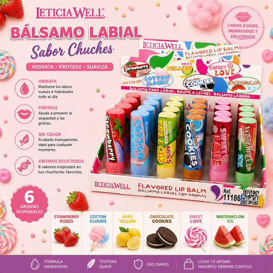 Bálsamo Labial Sabor Chuches Leticia Well hidratante con 6 aromas sin color