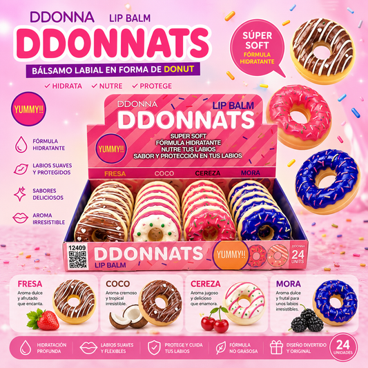 Bálsamo labial DDonna DDonnats con forma de donut, hidratante y nutritivo, sabores fresa, coco, cereza y mora