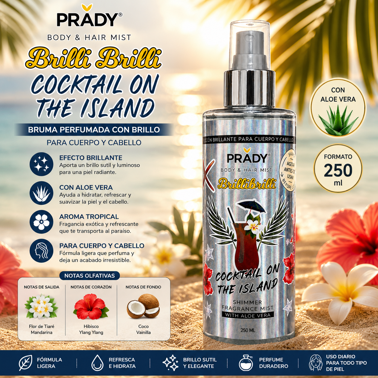 Body & Hair Brilli Brilli Cocktail on the Island Prady 250 ml con Aloe Vera y efecto shimmer para cuerpo y cabello