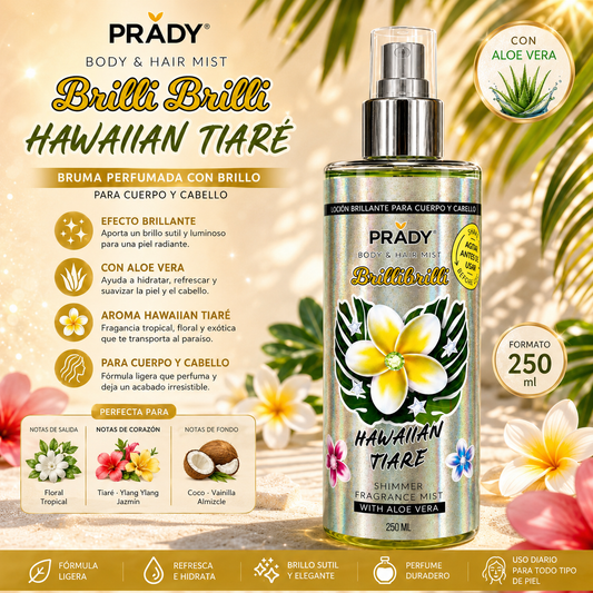 Body & Hair Brilli Brilli Hawaiian Tiaré Prady 250 ml con Aloe Vera y efecto shimmer para cuerpo y cabello