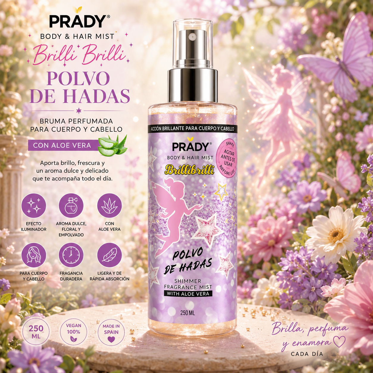 Body & Hair Mist Brilli Brilli Polvo de Hadas Prady 250 ml con Aloe Vera para cuerpo y cabello
