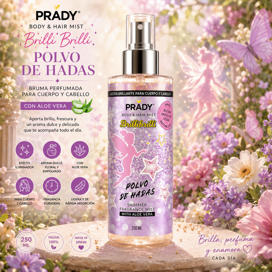 Body & Hair Mist Brilli Brilli Polvo de Hadas Prady 250 ml con Aloe Vera para cuerpo y cabello