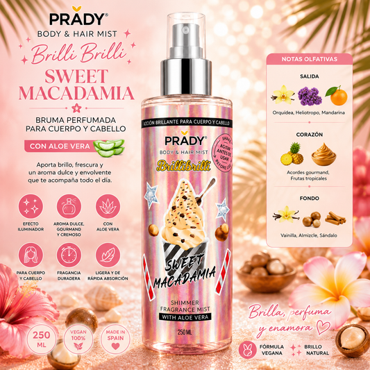 Body & Hair Mist Brilli Brilli Sweet Macadamia Prady 250 ml con Aloe Vera y efecto iluminador para cuerpo y cabello