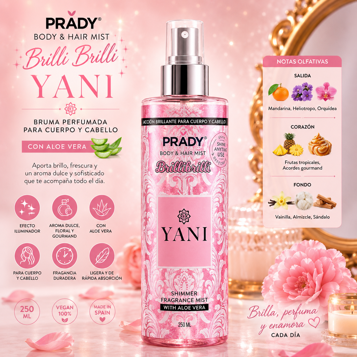 Body & Hair Mist Brilli Brilli Yani Prady 250 ml con Aloe Vera y efecto iluminador para cuerpo y cabello.