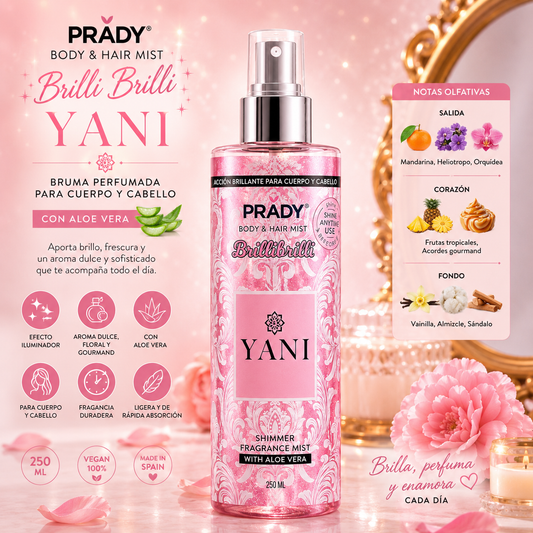 Body & Hair Mist Brilli Brilli Yani Prady 250 ml con Aloe Vera y efecto iluminador para cuerpo y cabello.