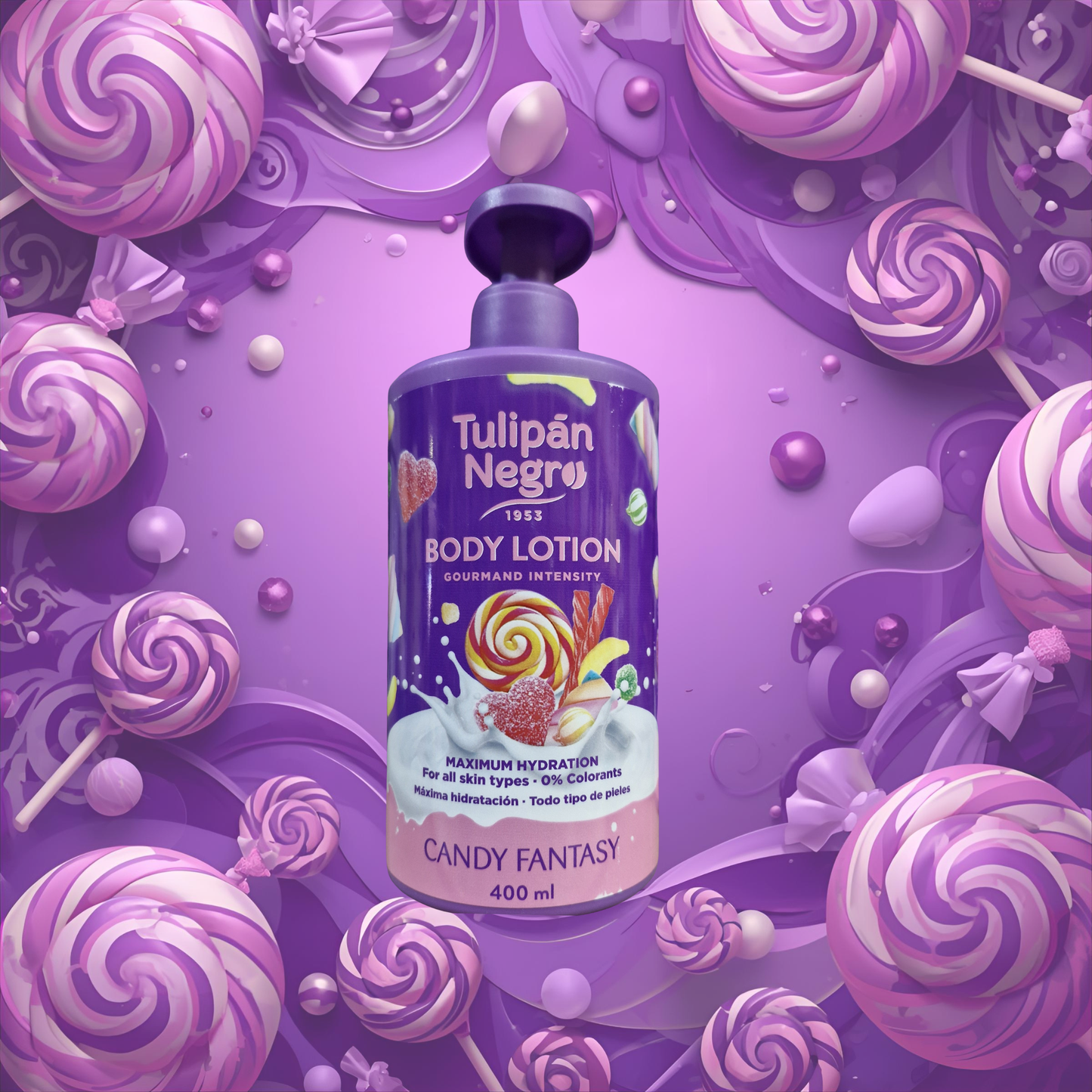 Body Lotion Candy Fantasy Tulipán Negro 400 ml, loción corporal hidratante de rápida absorción con delicioso aroma dulce, ideal para nutrir la piel y dejarla suave y perfumada.