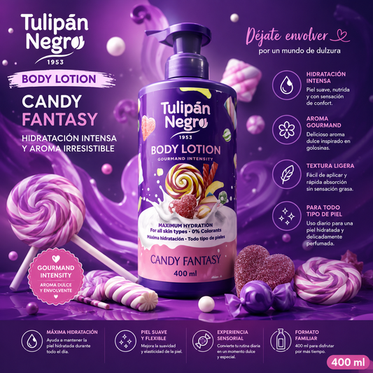 Body Lotion Tulipán Negro Candy Fantasy 400 ml loción corporal hidratante con aroma dulce gourmand